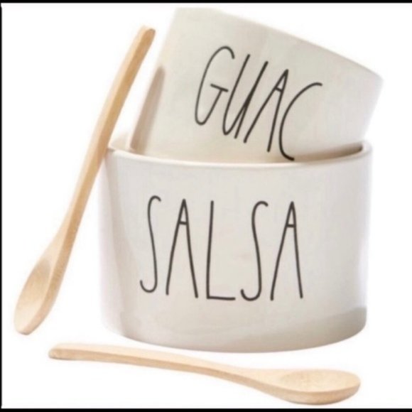Rae Dunn Guac and Salsa Bowl Set with 2 Wooden Spoons